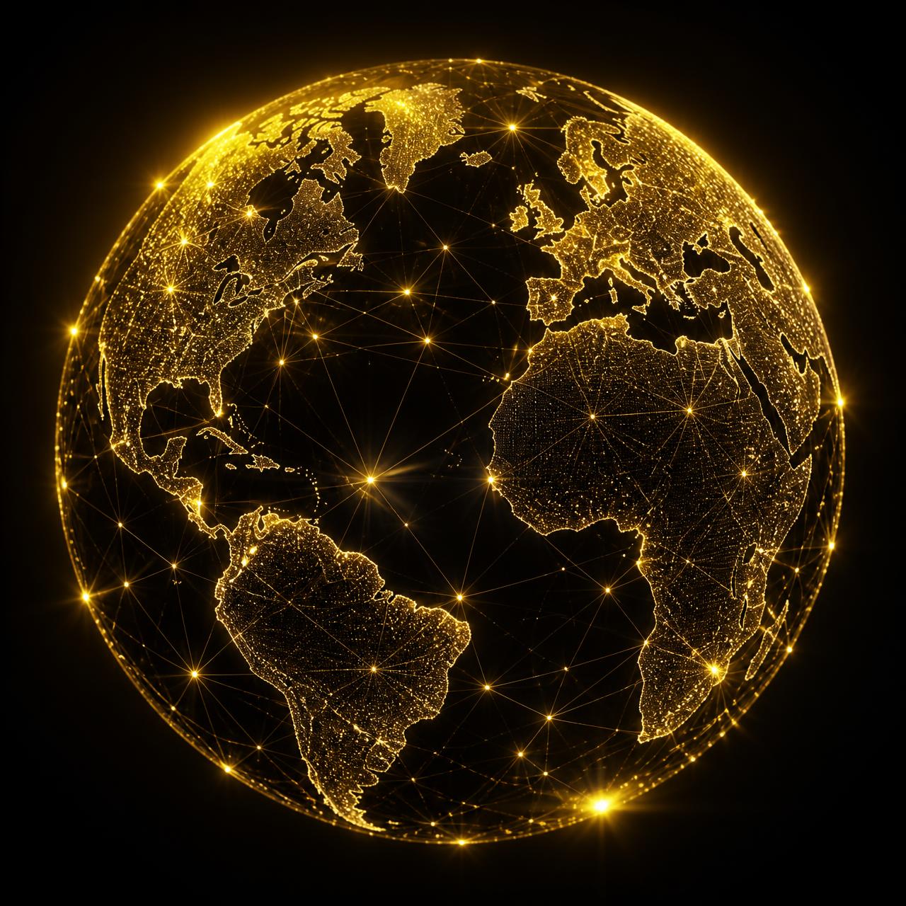 Golden globe of glowing network lines representing global voting